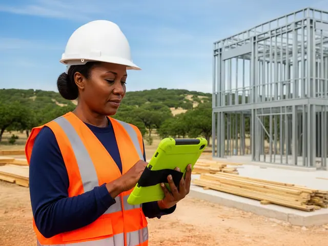 Builder in a white hard hat and orange safety vest checking a tablet at a construction site