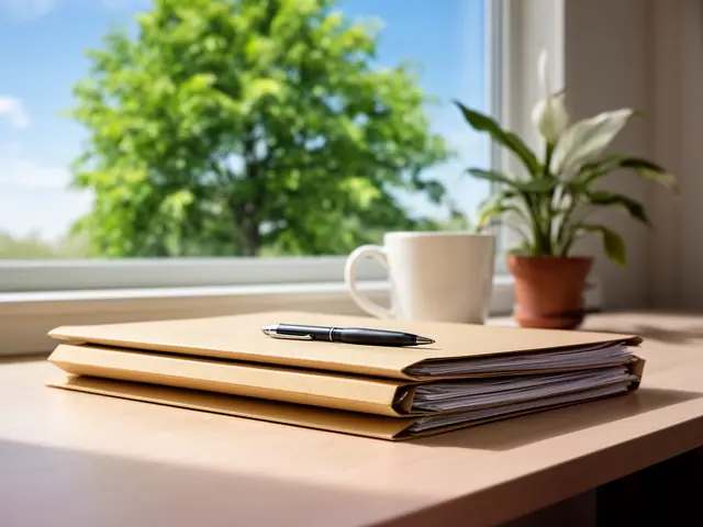 Stack of closed kraft folders with a pen on a maple desk beside a window, mug and peace lily