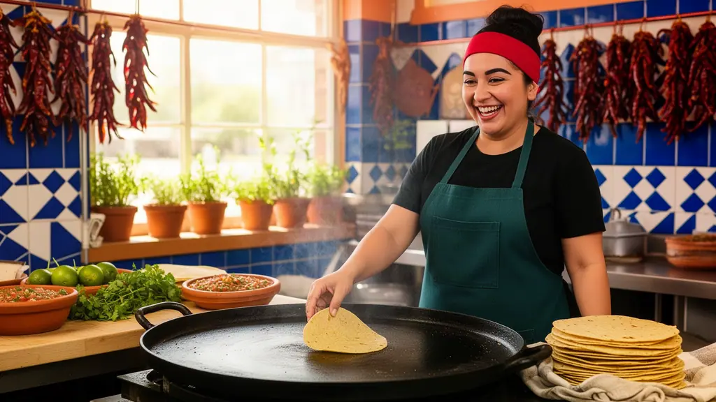 Taqueria owner in a red bandana laughing as she flips a corn tortilla on a large black griddle