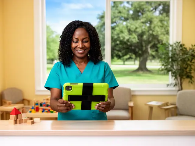 Pediatric clinic office manager in teal scrubs smiling at a tablet behind the reception counter