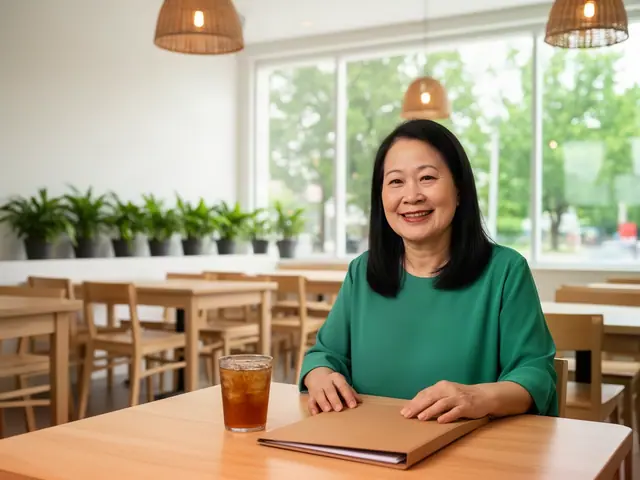 Smiling woman in a jade blouse with hands on a folder at a wooden table in a bright, plant-lined dining room