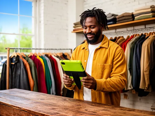 Vintage clothing shop owner in a mustard corduroy overshirt checking a tablet behind a wooden counter