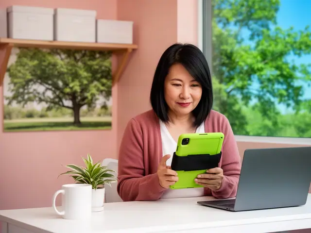 Woman in a dusty-rose cardigan reading a lime-green tablet at a white desk with a mug and peace lily