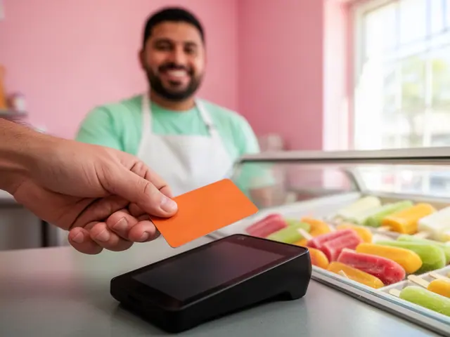 Customer's hand tapping an orange card on a black terminal at a paleta shop, smiling owner behind