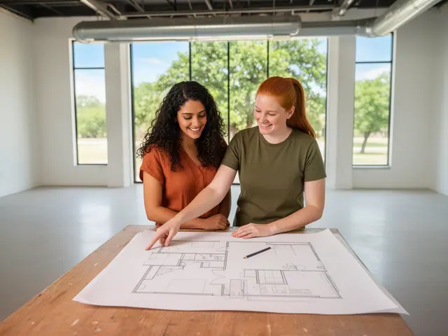 Two women smiling over a hand-drawn floor-plan sketch on a table in an empty commercial space